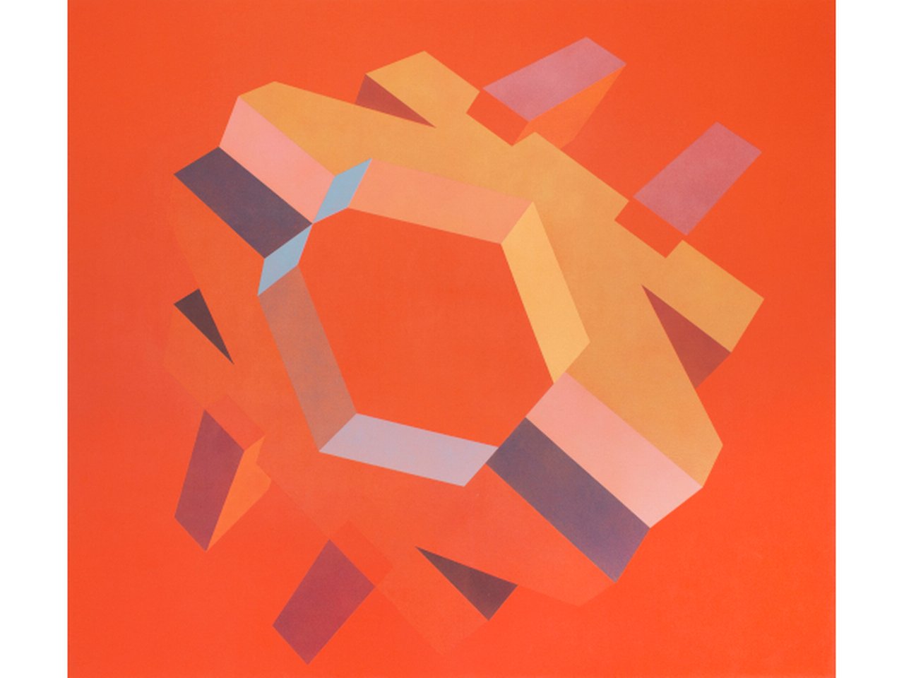 MSCHA308: Miriam Schapiro, ${esc.q}Docking #2,${esc.q} 1971. Acrylic on canvas. 72 x 80 in. © 2025 Estate of Miriam Schapiro / Artists Rights Society (ARS), New York. Courtesy Eric Firestone Gallery.